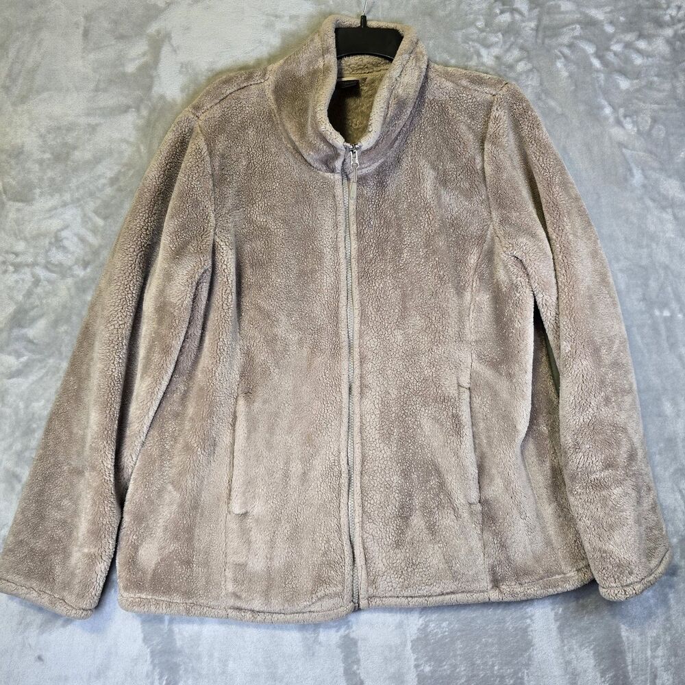 32 Degrees Heat Women's Cozy Plush Fleece Full Zip Jacket XL Brown Taupe Pockets
